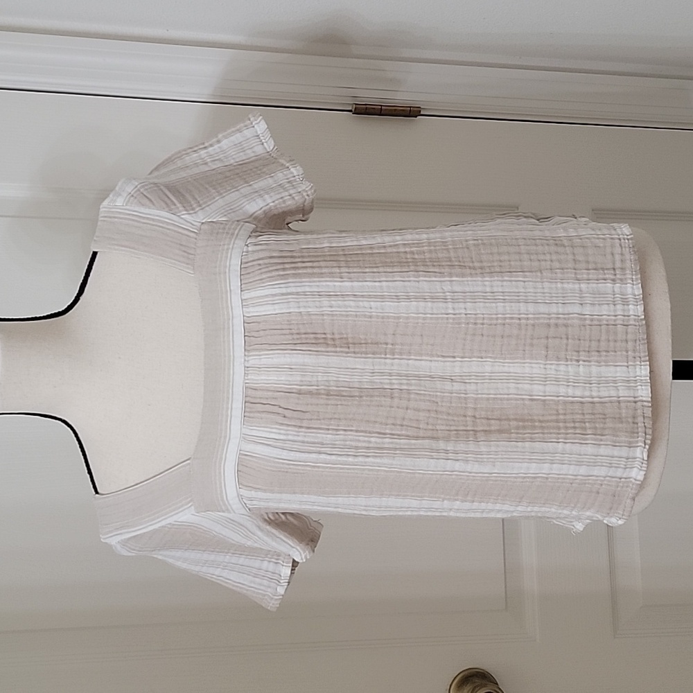 beachlunchlounge Size XS Beige & White Striped Square Neck Short Sleeve Blouse